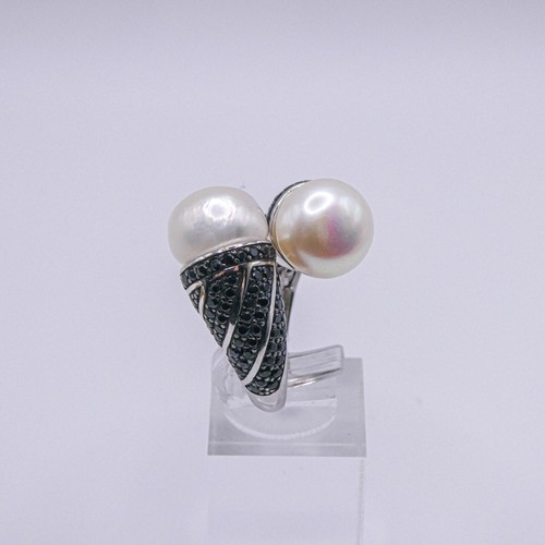 Kwan Collections Sterling Silver Pearl CZ Black Spinel Bypass Ring Size 8.5 - Picture 4 of 10