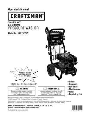 #ad Owners Manual amp; Parts List Craftsman 3000 PSI Pressure Washer Model 580.752212 $19.95