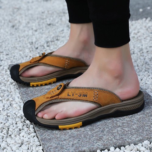 Men's Flip Flops Leather Sandals Summer Casual Beach Shoes Outdoor Slippers Size - Picture 41 of 65