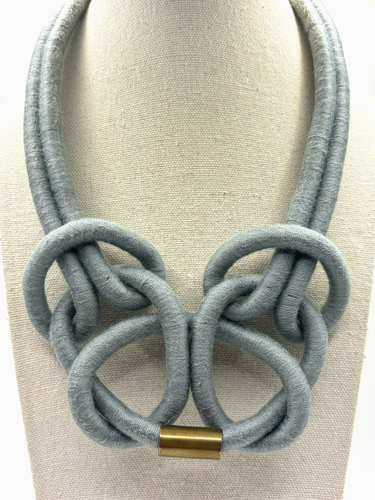 Two Strand Steel Blue Wrapped Textile Knotted Rope Cord Brass Statement Necklace - Picture 16 of 23