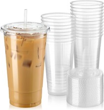 32 oz 50 Set Disposable Clear Plastic Cups With Flat Lids Drinks iced coffee