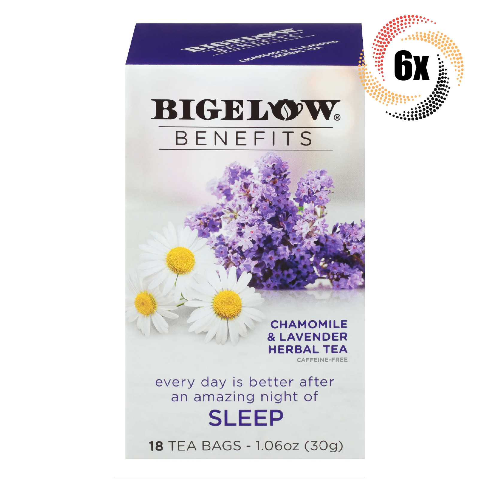 6 упаковок чая Bigelow Benefits Sleep с ромашкой и лавандой | по 18 пакетиков в каждой | 1,06 унции
