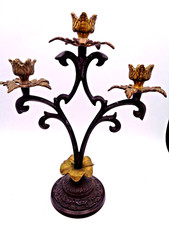 Vintage Wrought Iron and Brass 3-Arm Candelabra Candle Holder - 12" tall