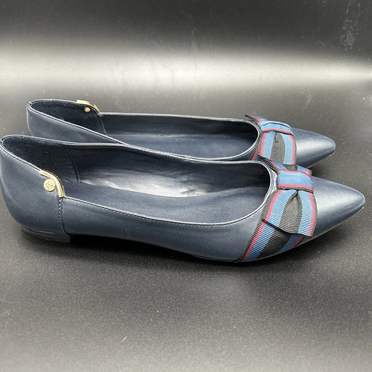 Tommy Hilfiger Ballet Flats Size 10M Navy Blue Preppy Ribbon Bow Pointed Toe