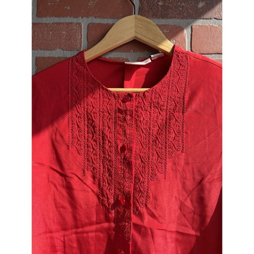 Vintage Jaclyn Smith Red Embroidered Accent Long Sleeve Tunic Blouse Size 8 - Picture 4 of 10