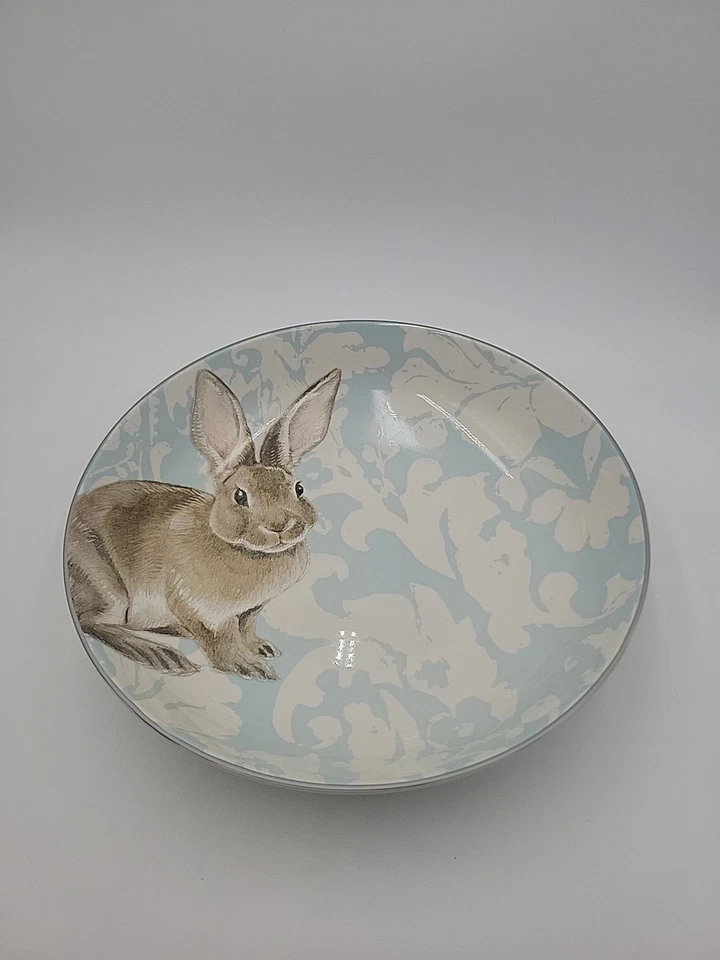 Williams Sonoma Damasco Conejo de Pascua Cuenco para Servir 13" Azul Floral Conejo Redondo Foto 2 de 4