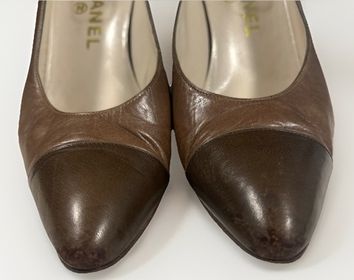 Decolte Vintage Chanel Bicolore Marrone Tan Cap Toe Tacchi Colore Raro Combo Tg 9 Leggi - Foto 5 di 9