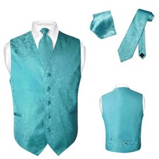 Men's Dress VEST NeckTie for Suit Tux TURQUOISE BLUE Color PAISLEY Tie Hanky Set