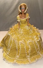 VTG Southern Belle Barbie Doll Style with Yellow/White Crocheted Gown Hoop Skirt