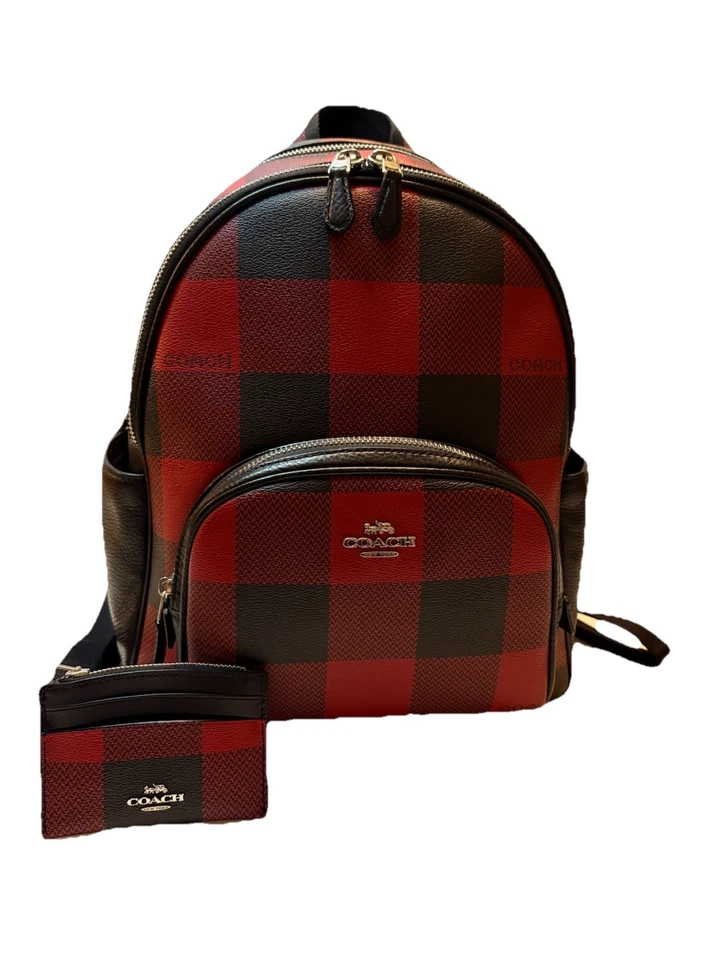 Coach Court Buffalo Plaid Check Backpack Red/Black With Matching Card Case EUC - Image 2 of 4