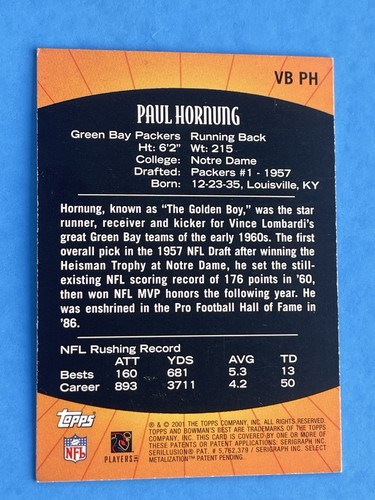 Bowman's Best 2001 #VB PH Paul Hornung Vintage Best Green Bay Packers - Salón de la fama - Imagen 3 de 3