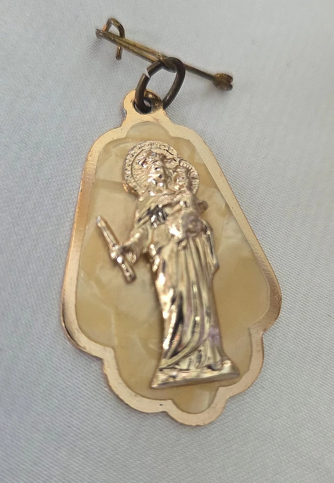 Vintage Virgin Mary & Jesus Pendant Pin Mother Of Pearl Rose Goldtone Italy - Image 3 of 4