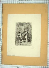 Original Old Antique Print Comic Pastoral Men Meeting Forest Trees Engraving