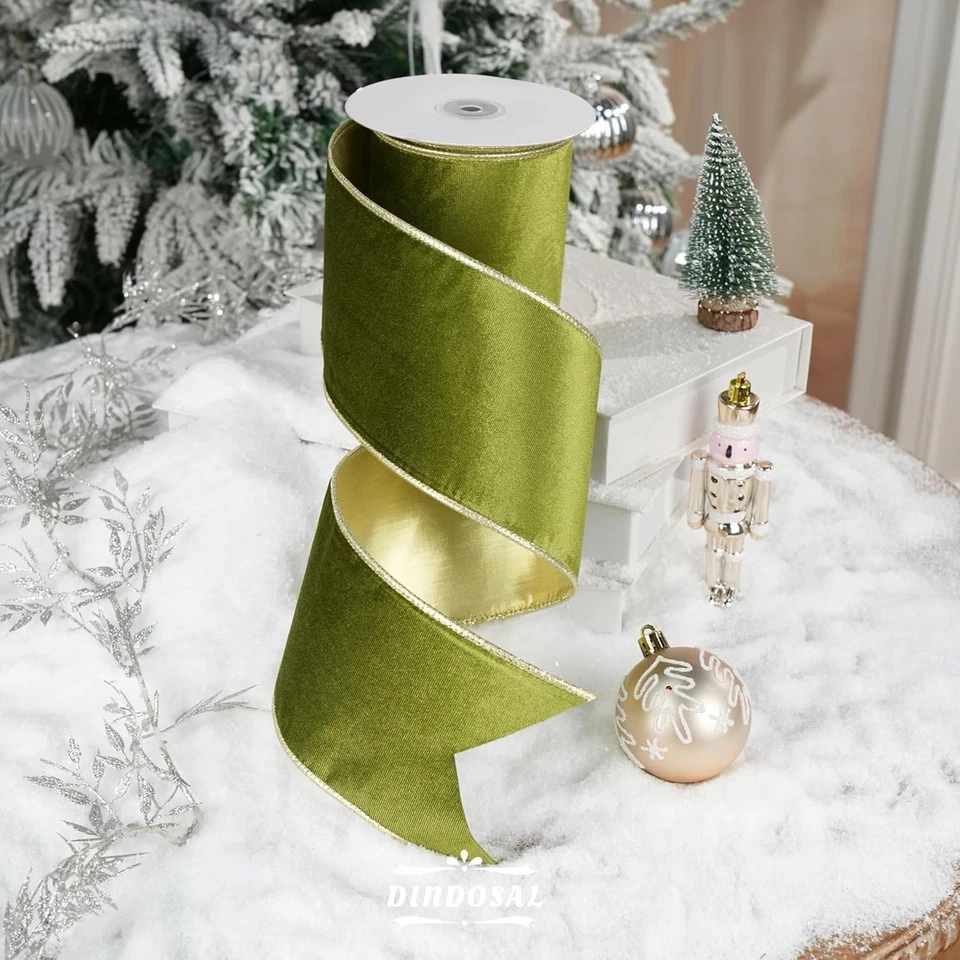 Моховая зеленая проводная лента 4 дюйма x 10 ярдов темно-зеленая бархатная лента с золотом... - Изображение 4 из 4