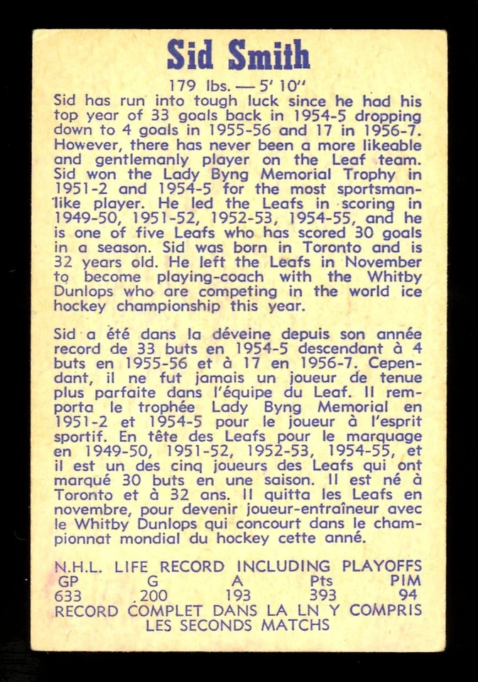 1957-58 PARKHURST NHL HOCKEY #10 Sid Smith EX+ Toronto Maple Leafs Card - Image 2 of 2