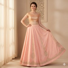 Sanskriti Bridal Pink Long Lehenga Satin Silk Hand Embroidered Zardozi Unstitch