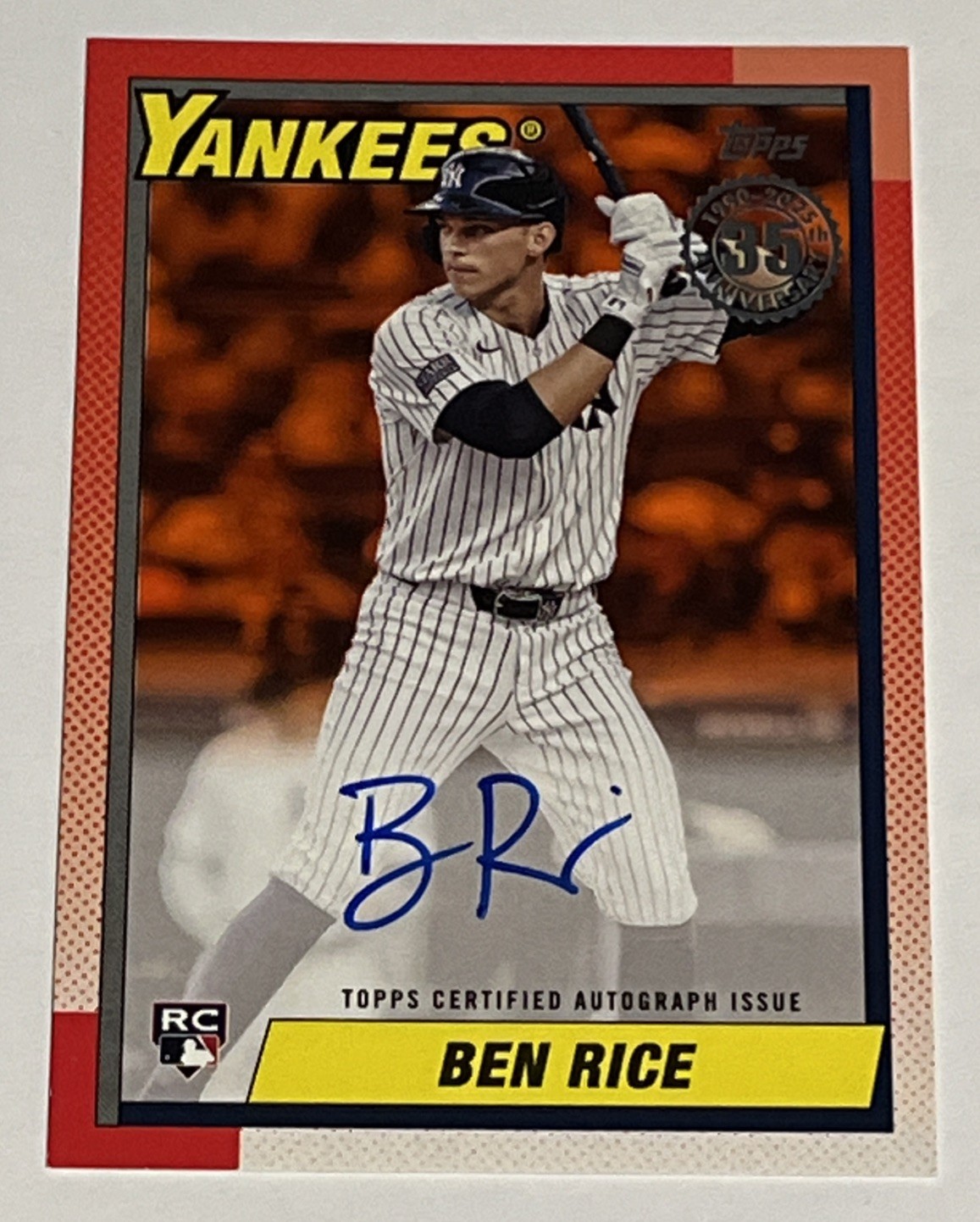 2025 Topps Series 2 Ben Rice RC ON CARD AUTO 1990 35th Anniversary Orange /25 NY