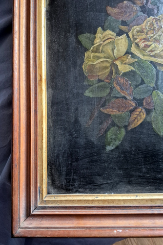 20. Jh. Amerikanische Schule Ölgemälde Stillleben Rosen auf Weißblech, 27" x 21" - Bild 10 von 11