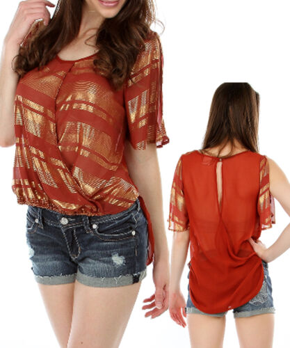 Ladies Gold Stripe Chiffon Wrap Top Size 8 10 12 14 S M L NEW BLACK TEAL RUST - Picture 2 of 6