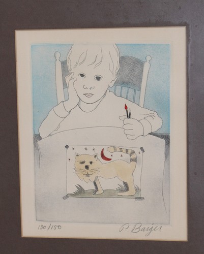 VTG Peter Barger Framed Matted Art Signed Numbered Etching Child Cat Color Kid - Picture 3 of 24