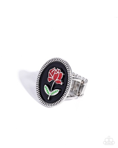 Paparazzi Delicate Dowry - Black- Red & Green Paint Rose - Black Paint-Ring