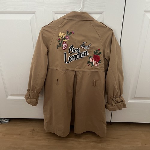 Zara Girls Trench Coat w/Yellow Faux Fur Lining "Ciao London" Back size 11/12 - Picture 6 of 10