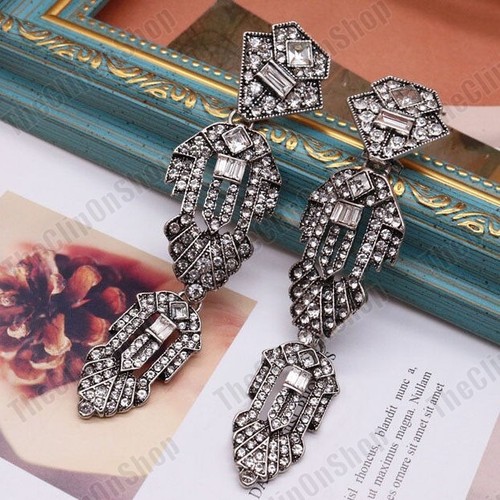 CLIP ON 4"long ART DECO geometric BIG CRYSTAL EARRINGS silver rhinestone GLITZ - Picture 5 of 9