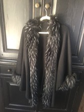 Black Wrap Faux Fur Trim Cape Shawl Cozy One Size