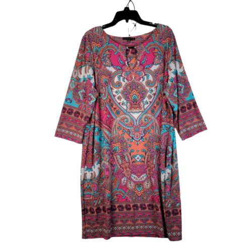 Tiana B. Abito multicolore paisley bohémien rosa e rosso manica a 3/4 taglia 20 W - Foto 3 di 12