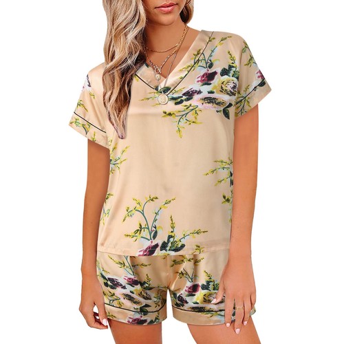 Mujeres Pijamas Set Satén Prendas para dormir Sexy Lencería Cuello en V Camisa Pantalones Cortos Ropa de noche - - Imagen 9 de 22