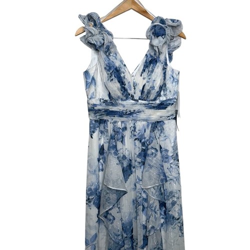 Eliza J Blue White Floral Ruffle Strap Maxi Flowy Spring Gown Prom Size 8 - Picture 8 of 15