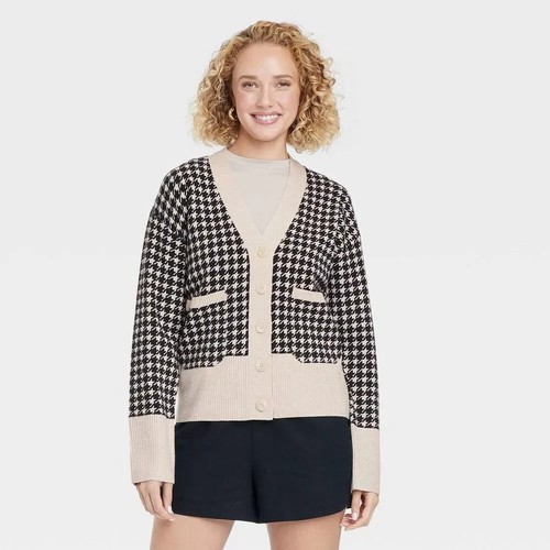 A New Day Women's Size XL Cozy Knit Everyday Cardigan Taupe Houndstooth