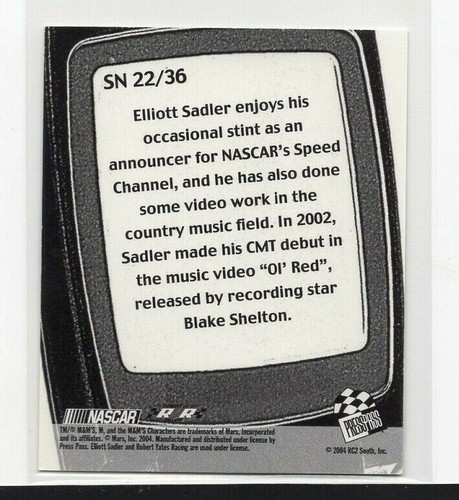 ELLIOTT SADLER : 2005 - PRESS PASS / SNAPSHOTS - CARD No # SN22 - Picture 2 of 2