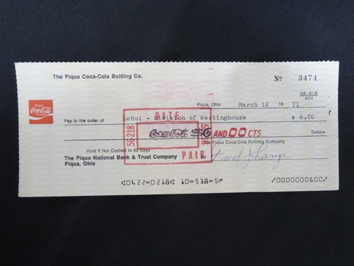 1971 Piqua Ohio Coca Cola Bottling Co - 7 Bank Check Checks Payroll Companies B - Picture 9 of 12