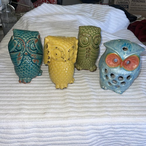 Set of 4 Ceramic Owls - Hear See Speak No Evil Yellow Green Blue 6” Tall
