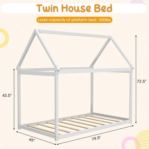 Twin House Bed, Wood Montessori Bed Frame with House Roof Canopy, Low Floor Bed - Picture 2 of 9