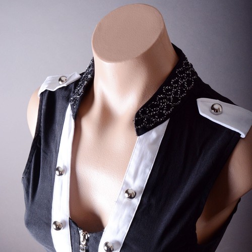 Schwarz Weiß Damen Ärmellos Steampunk Gothic Punk Militär Weste Shirt Top S M L - Bild 6 von 9