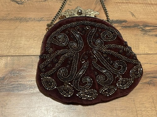 VTG 20's Inspired "CHRISTIANA" Brown Velvet Beaded Cocktail/Evening Bag - Picture 2 of 9