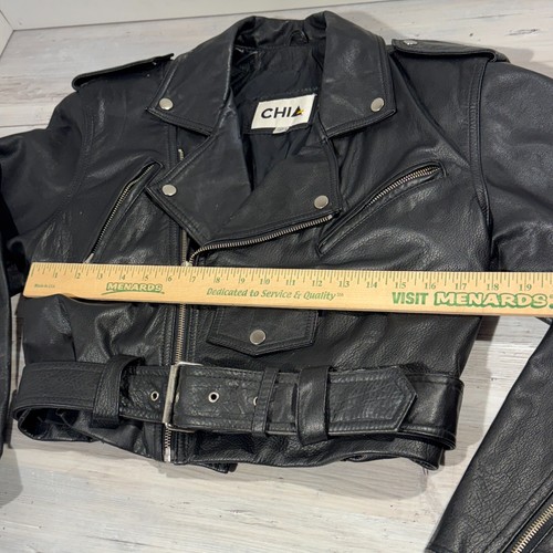Vintage 90s Cropped Chia Leather Biker Jacket Moto Belt Zip Medium - Picture 4 of 17