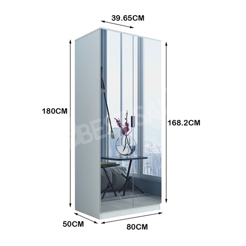 Mirrored Wardrobe Organiser Bedroom Storage Clothes Closet Cabinet 2 Doors White - Picture 9 of 11