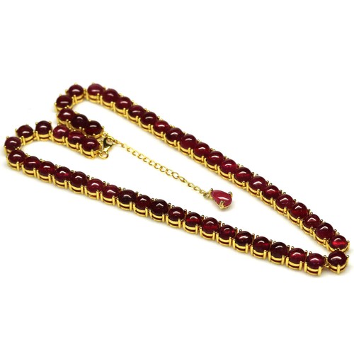 925 Sterling Silver 6 mm. Red Pink Ruby Necklace 16" 18K Gold Plated - Picture 3 of 5