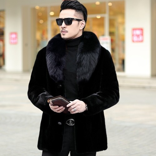 Mink Fur Coat Men Winter Mid-length Leather Coat Imitation Fox Fur Collar Jacket - Bild 1 von 16