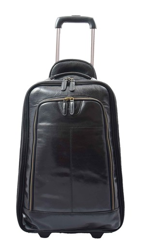 Genuine Black Leather Luggage Wheeled Cabin Size Suitcase Travel Bag Trolley NEW - Picture 7 of 8