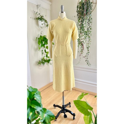 Vintage 1940s Yellow Knit Wool Sweater Dress Belt Deadstock Wiggle Sweaterdress - Picture 2 of 9