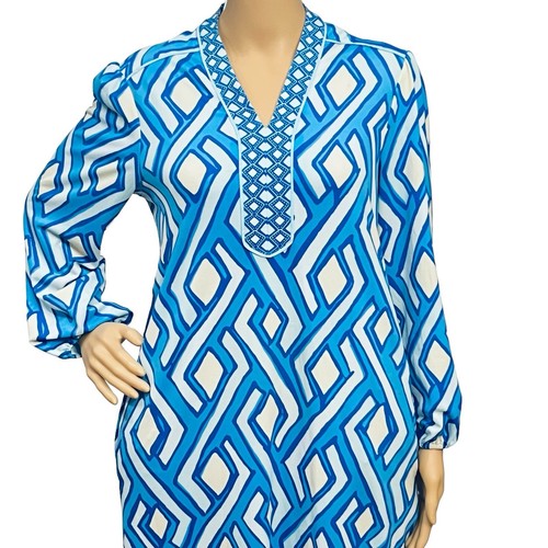 J. McLaughlin Dress Emer Vilhada Knee Length Shift Blue Geo Print Long Sleeve S - Picture 2 of 15