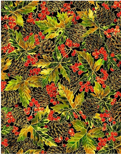 BTY CHANGE OF SEASONS BY OASIS FABRIC PINECONES & LEAVES ON BLACK COTTON DIGITAL - Picture 2 of 5
