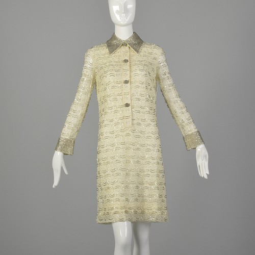 Medium 1960s Mod Dress Beaded Long Sleeve White Se