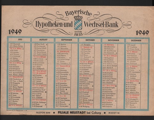 NEUSTADT COBURG, Kalender für 1949, Bayerische Hypotheken- und Wechsel-Bank - 第 2/2 張圖片