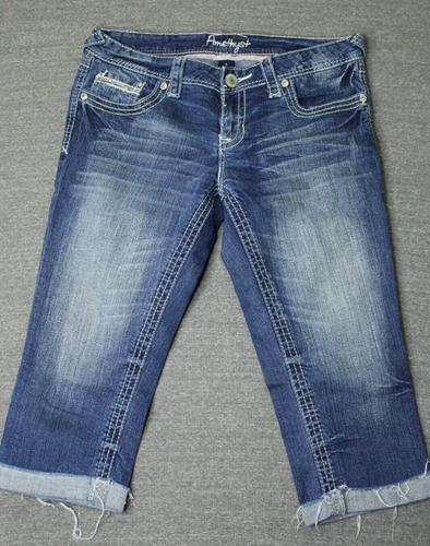 Amethyst Capri Crop Jeans Damen 9 Taille 30" blau Denim dicke Nähte Nieten