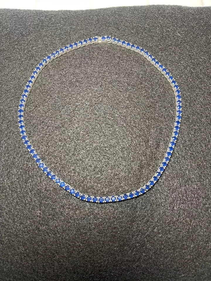 3MM 22Ct Round Lab Created Blue Sapphire Tennis Necklace 14K White Gold Plated - Image 3 of 4